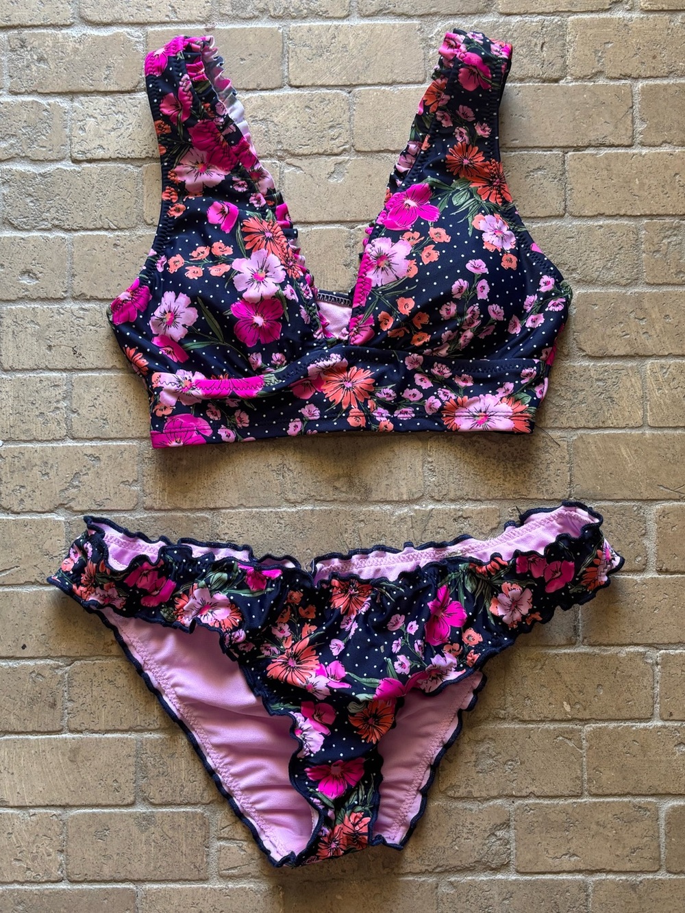 Shade & Shore navy & pink floral bikini top: S bottom: M